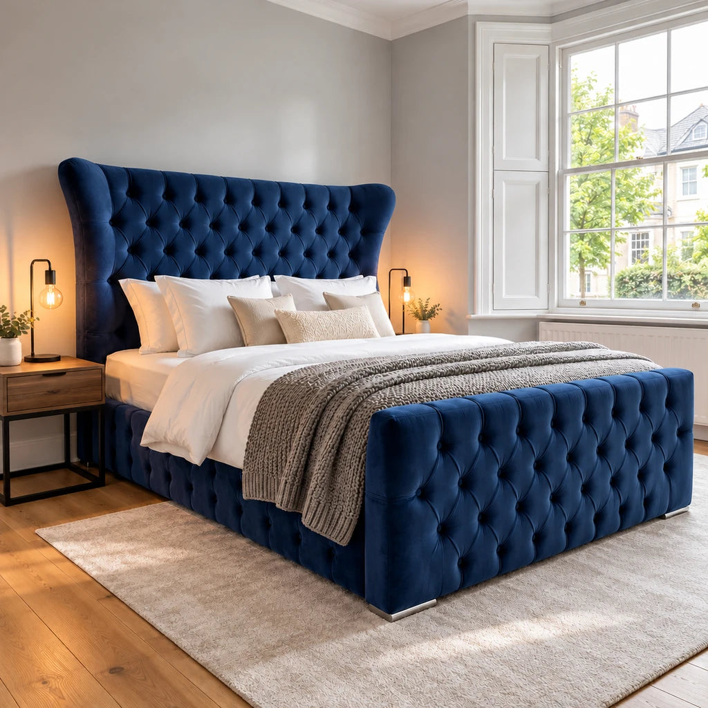 Butterfly bed frame in plush blue