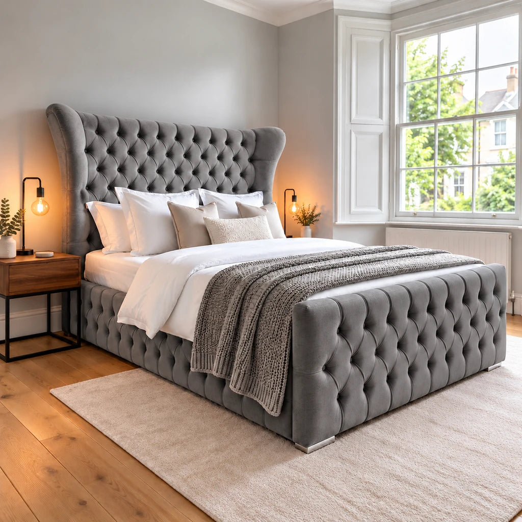 Close-up of Butterfly plush steel headboard