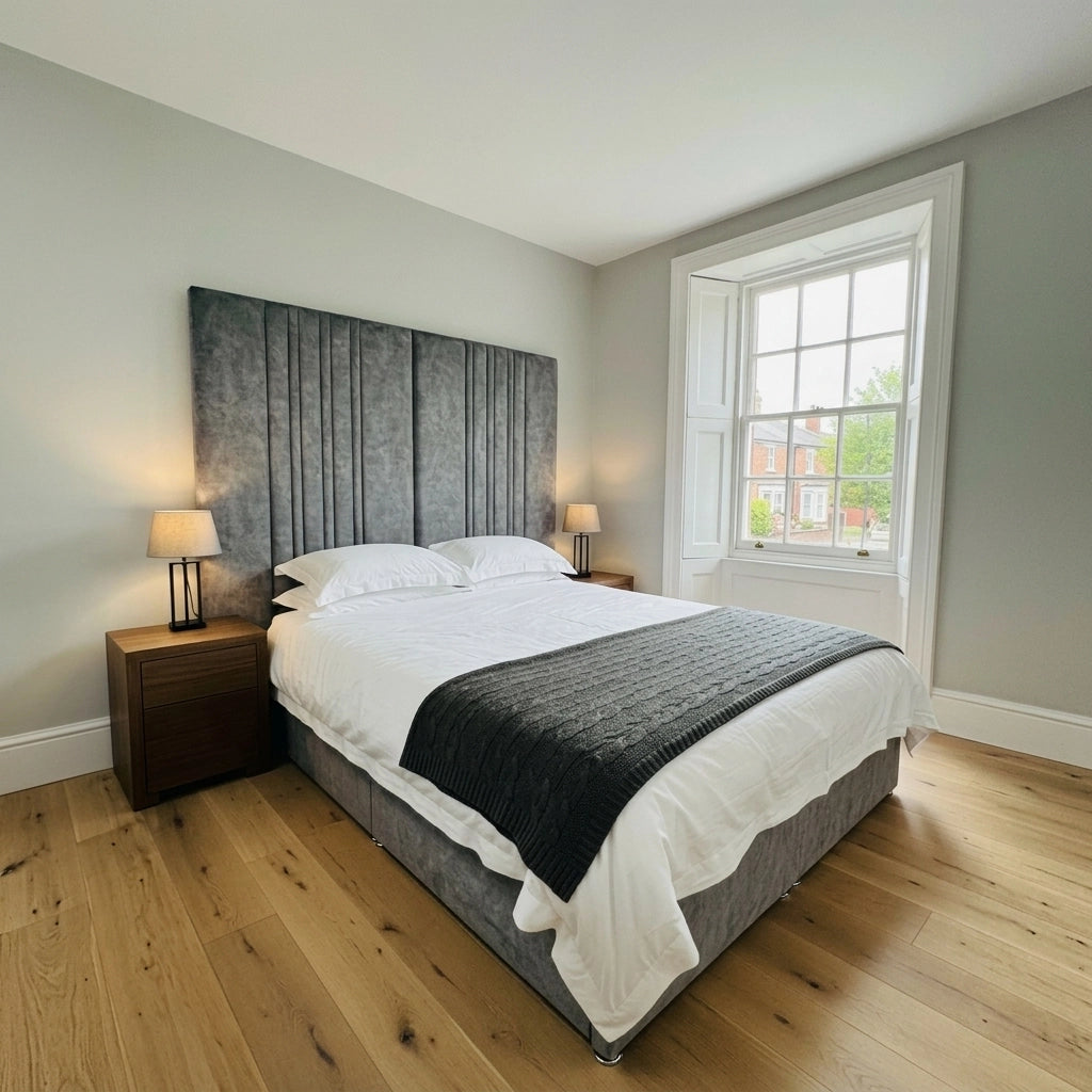 Buxton grey bed frame with tall extended headboard