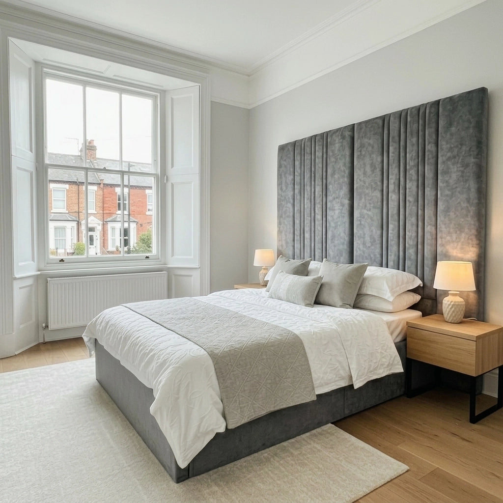 Buxton grey bed frame with headboard