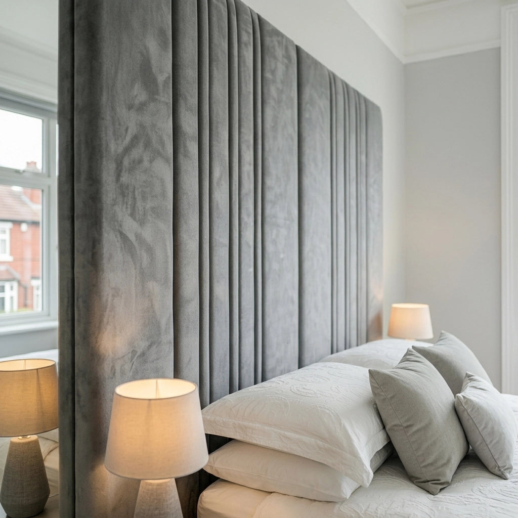 Close up of Buxton grey extended split line headboard