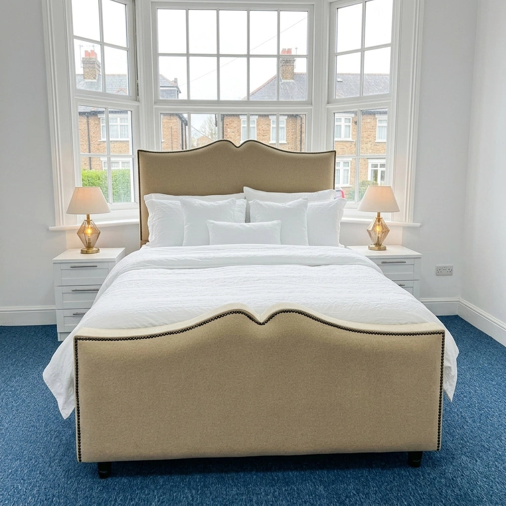 Camel wool fabric double bed frame with curved headboard