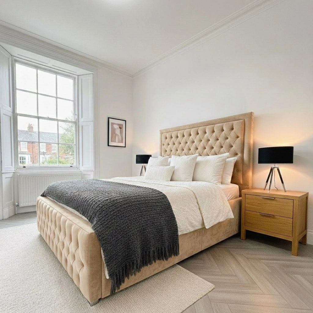 Chesterfield high side bed frame with mattress in Plush Beige