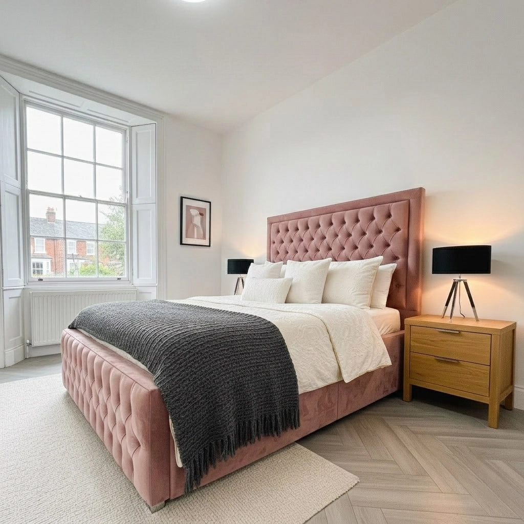 Chesterfield high side bed frame with mattress in Plush Pink