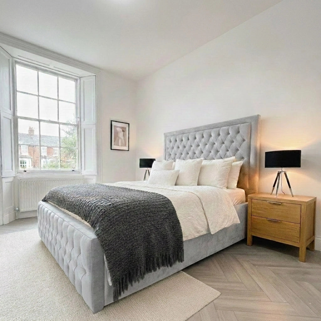 Chesterfield high side bed frame with mattress in Plush Silver