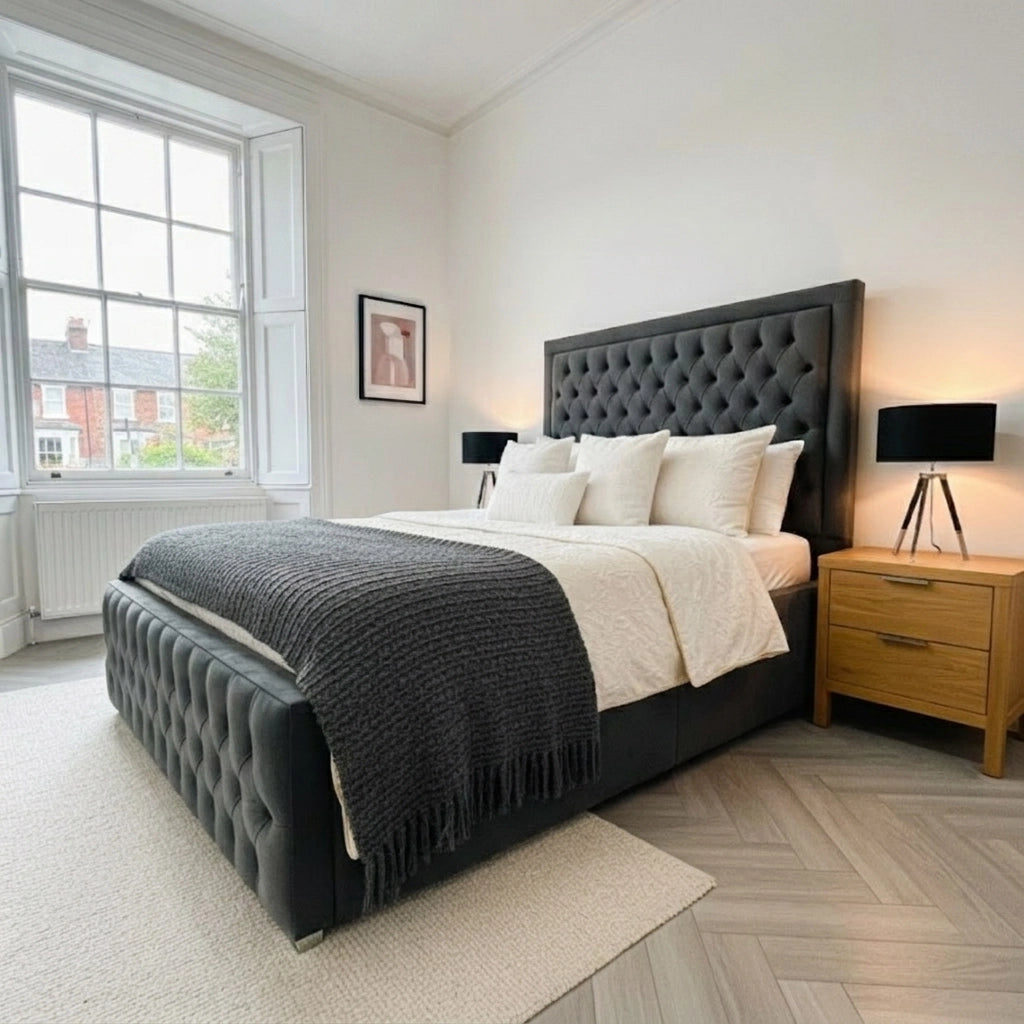 Chesterfield high side bed frame with mattress in Plush Steel