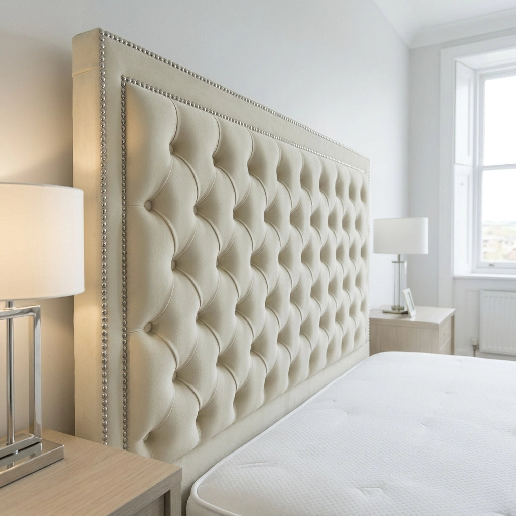 Close up of cream buttoned headboard with silver beading