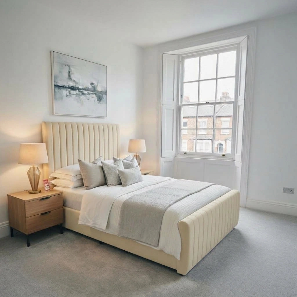 Cream extra padding bed frame with Roslin mattress and line headboard