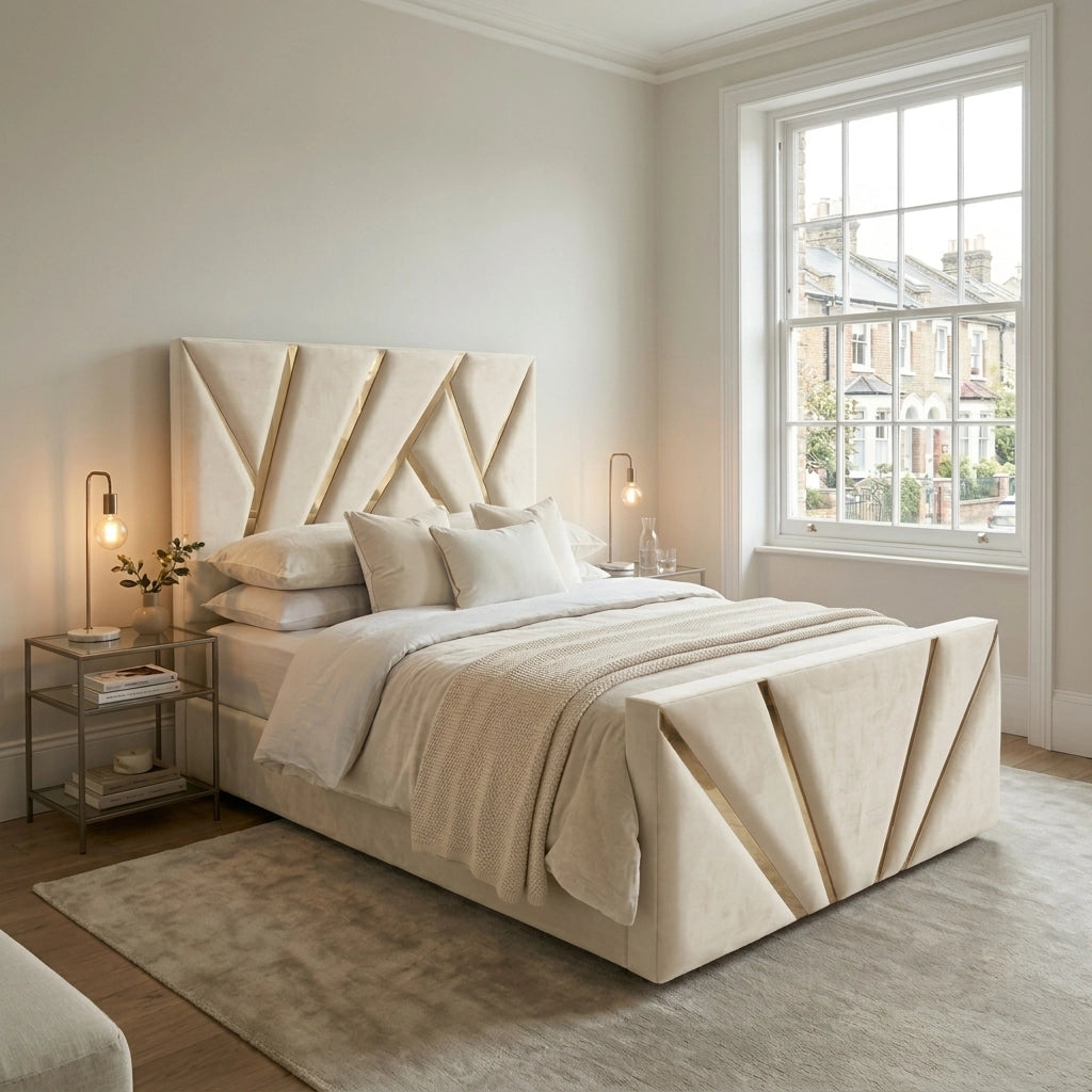 Cream PRISM bed frame with 54 inch fan pattern headboard and footboard