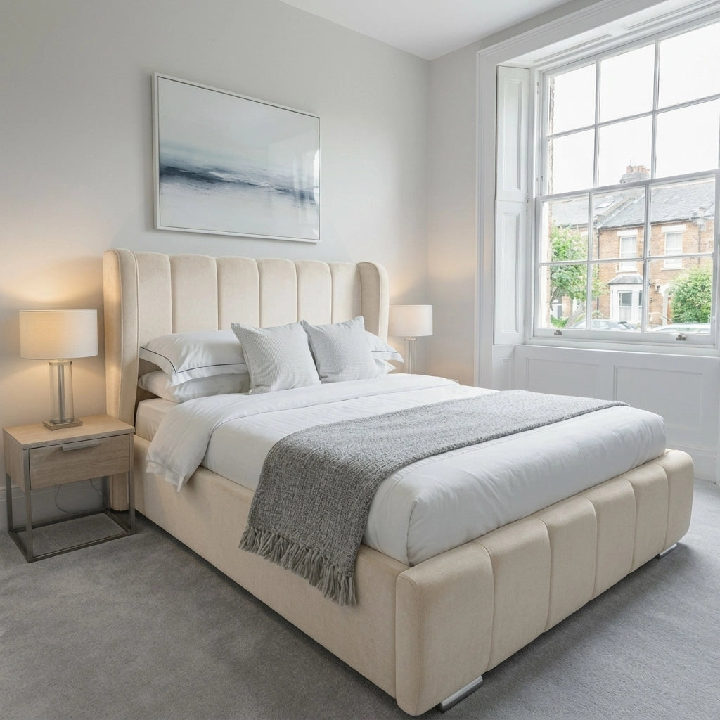 Cream Valencia bed frame with upholstered wingback headboard