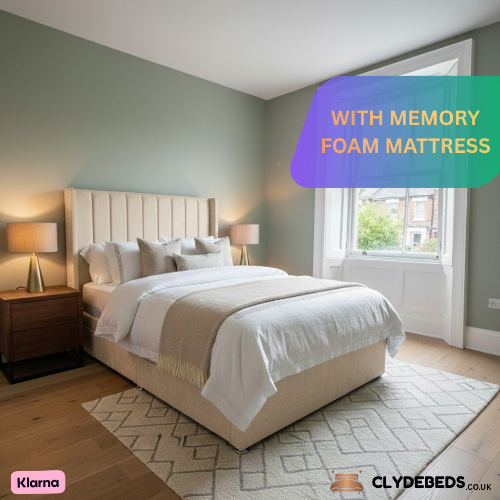 Divan Bed Alpha Wing Line with Memory Foam Mattress - 54" Luxury Winged Headboard, Premium Support & Comfort