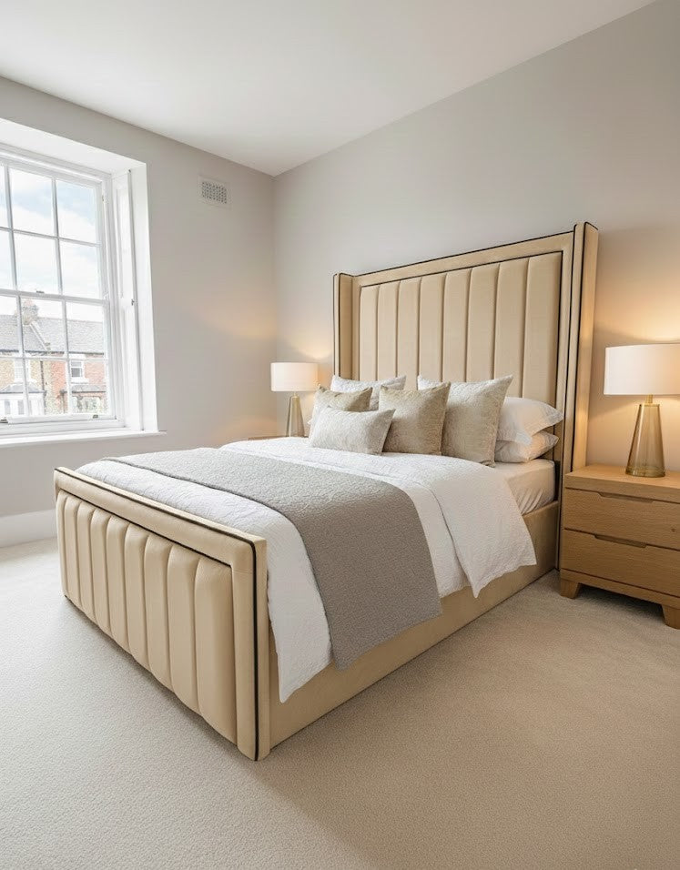 Luxury Bed Plush Fabric Divan Ottoman - 70" thick wing iris princess piping with headboard and footboard