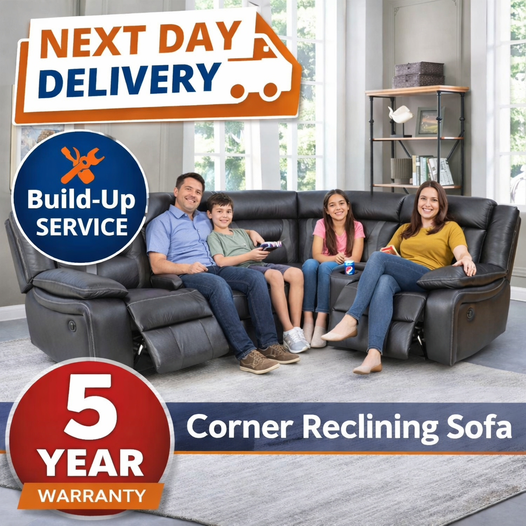 Corner Modern Black Leather Reclining Sectional Sofa with Console & Cup Holder