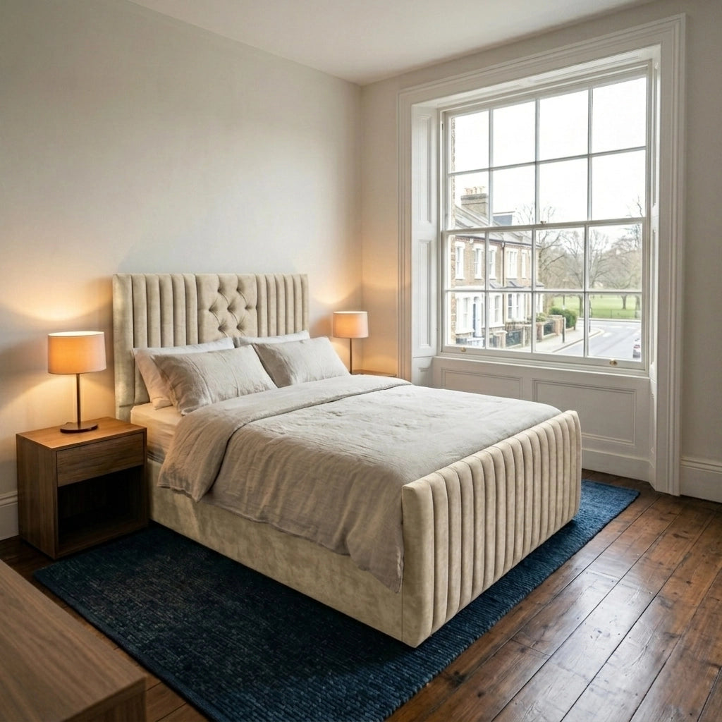 Elegance ottoman bed with headboard and footboard in Almond