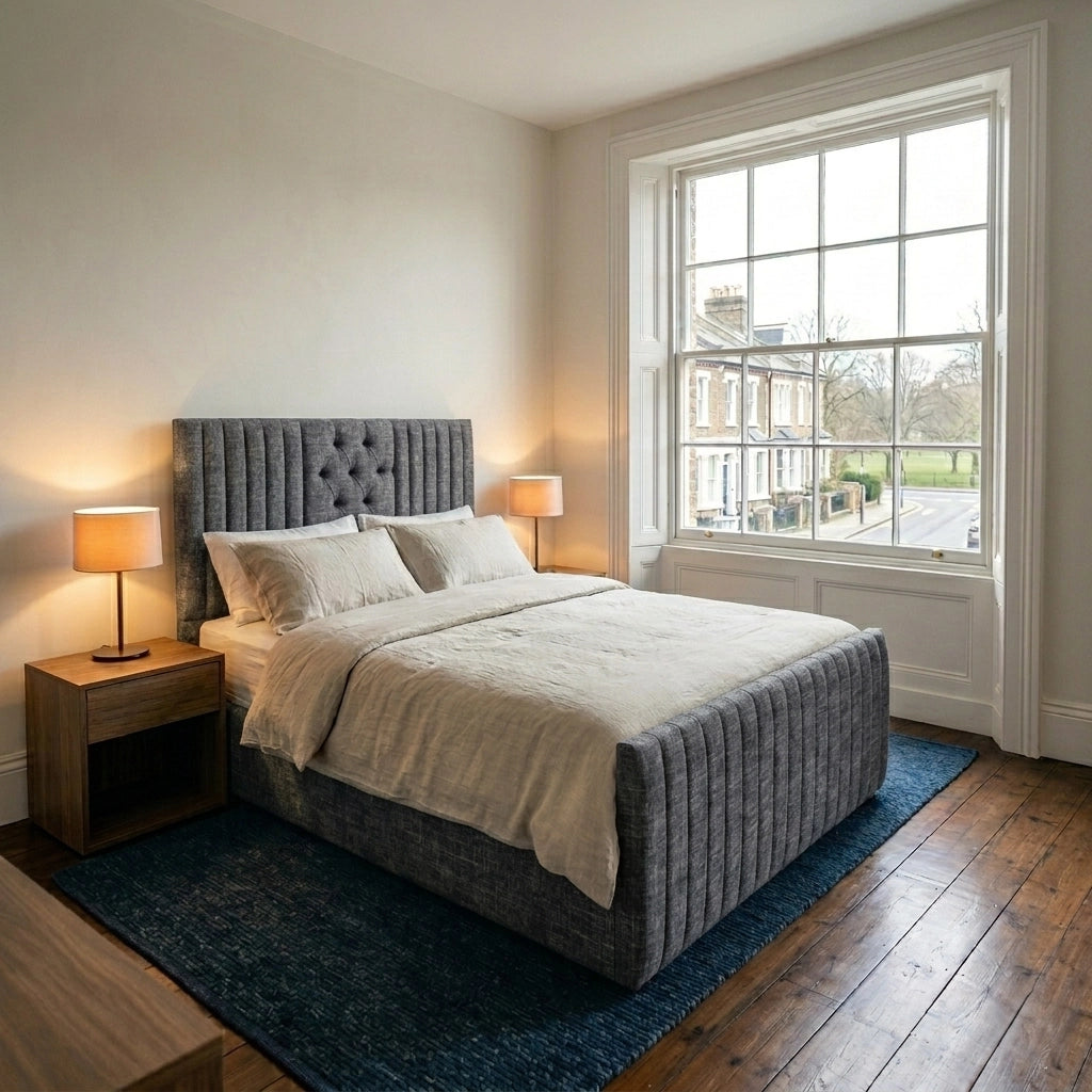 Elegance ottoman bed with headboard and footboard in Armour