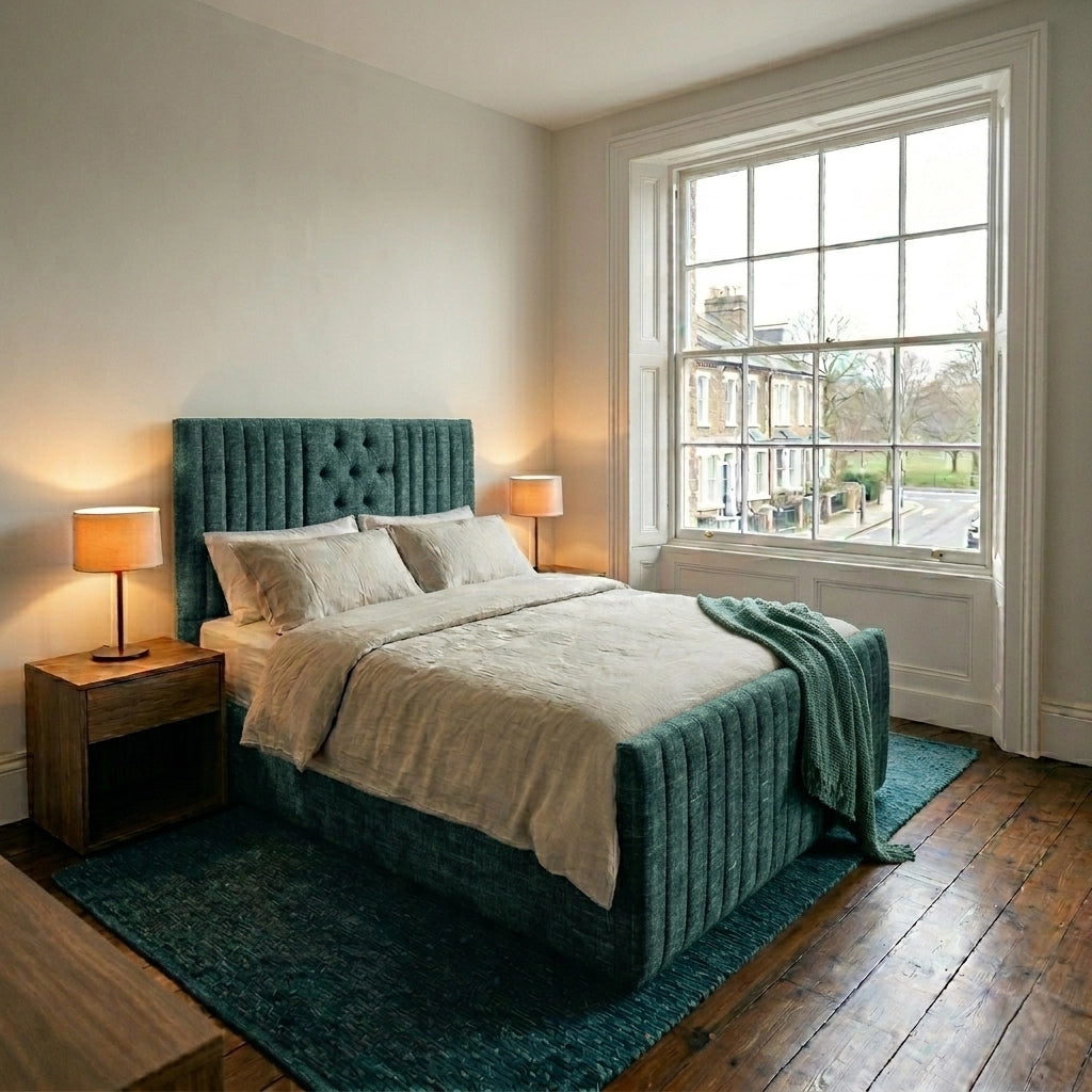 Elegance ottoman bed with headboard and footboard in Emerald