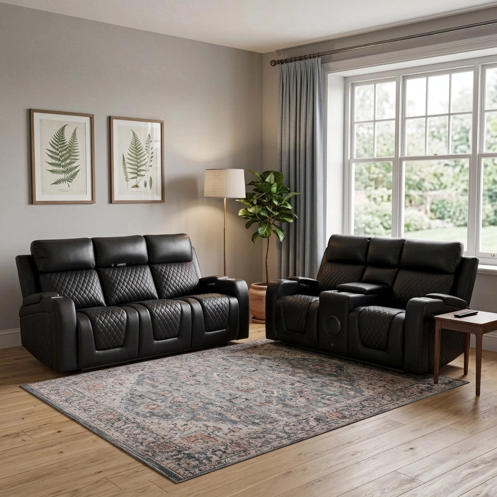 Florida Tech Leather Electric Recliner Sofa 3 & 2 Set in Black