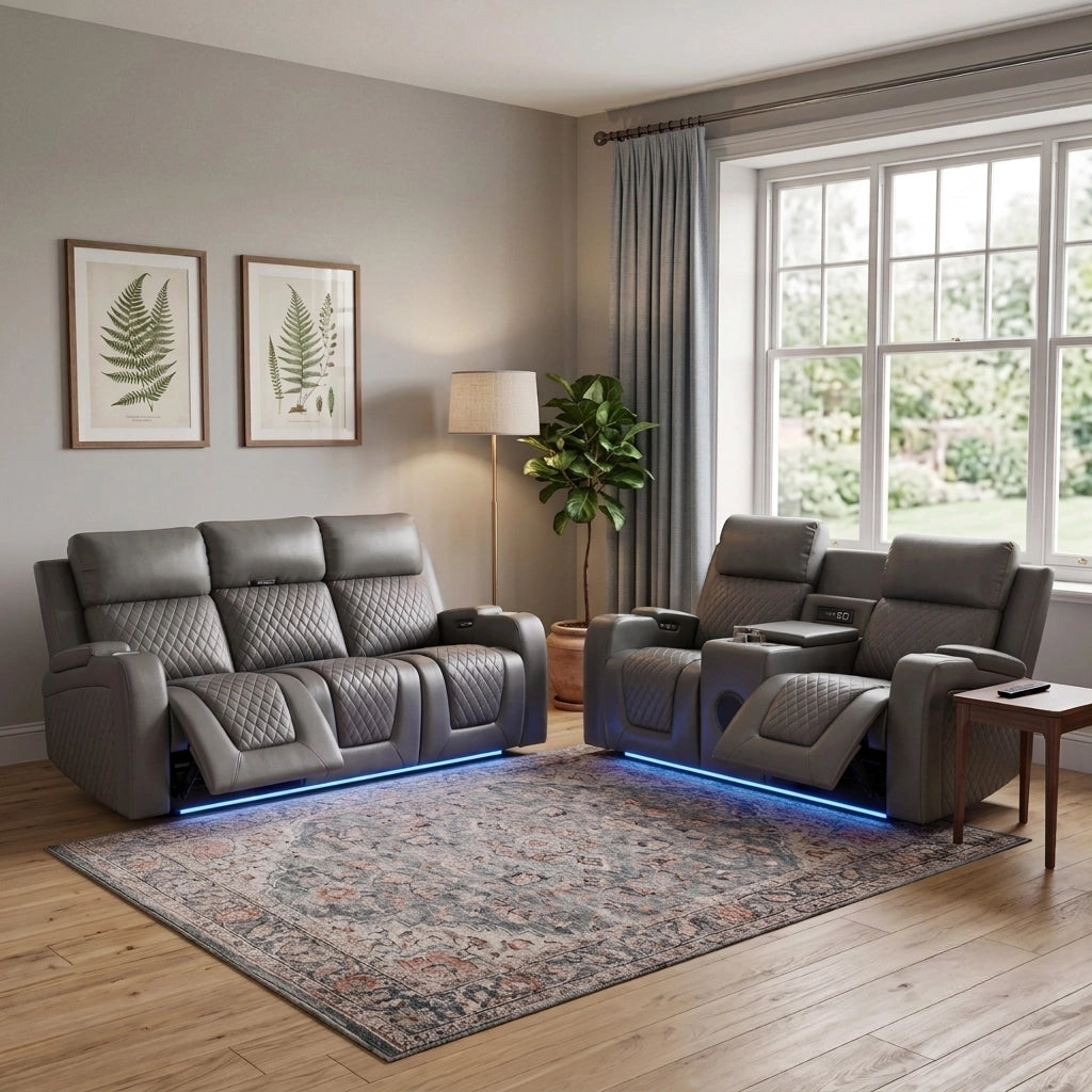 Florida Tech Leather Electric Recliner Sofa 3 & 2 Set in Grey Mocha