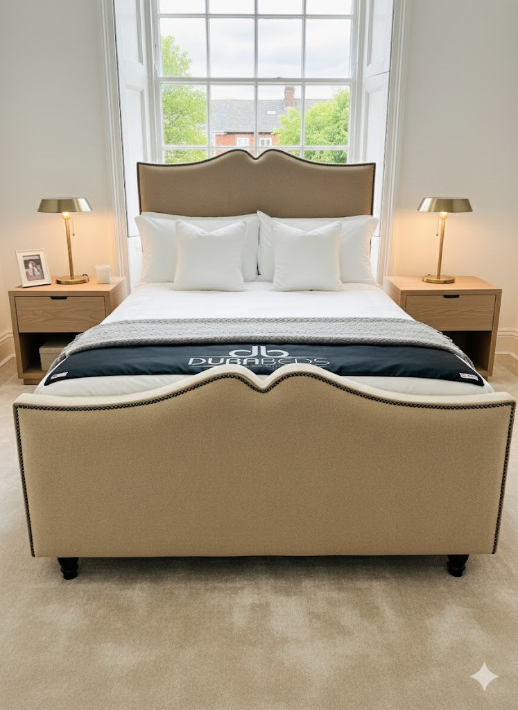 Wool fabric Double Frame bed Camel color - Curved Headboard with bidding and footboard