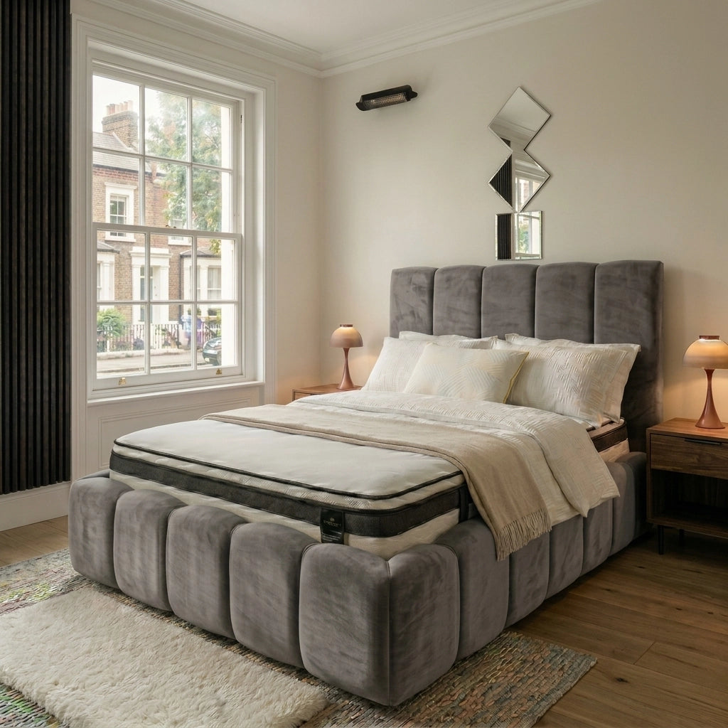 Grey bubble bed frame with bubble line headboard and footboard