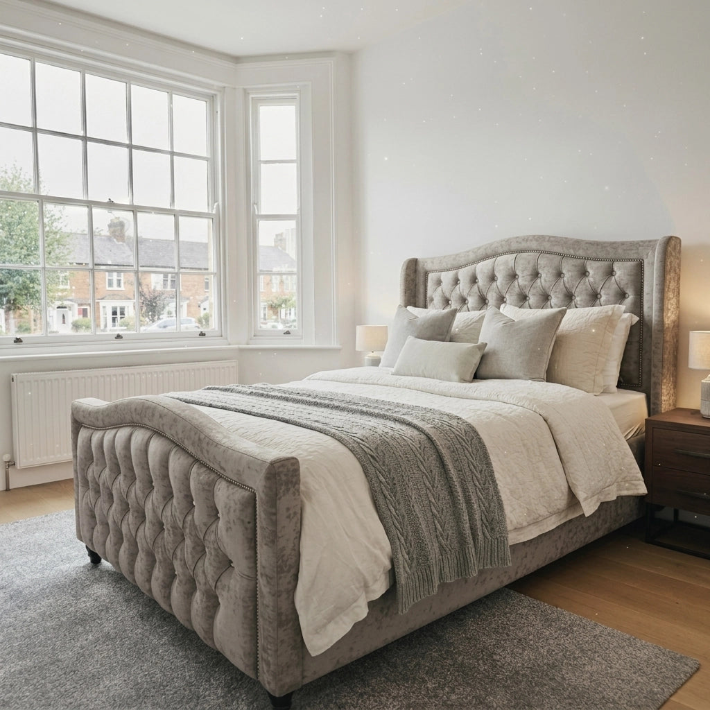Grey crushed velvet bed frame