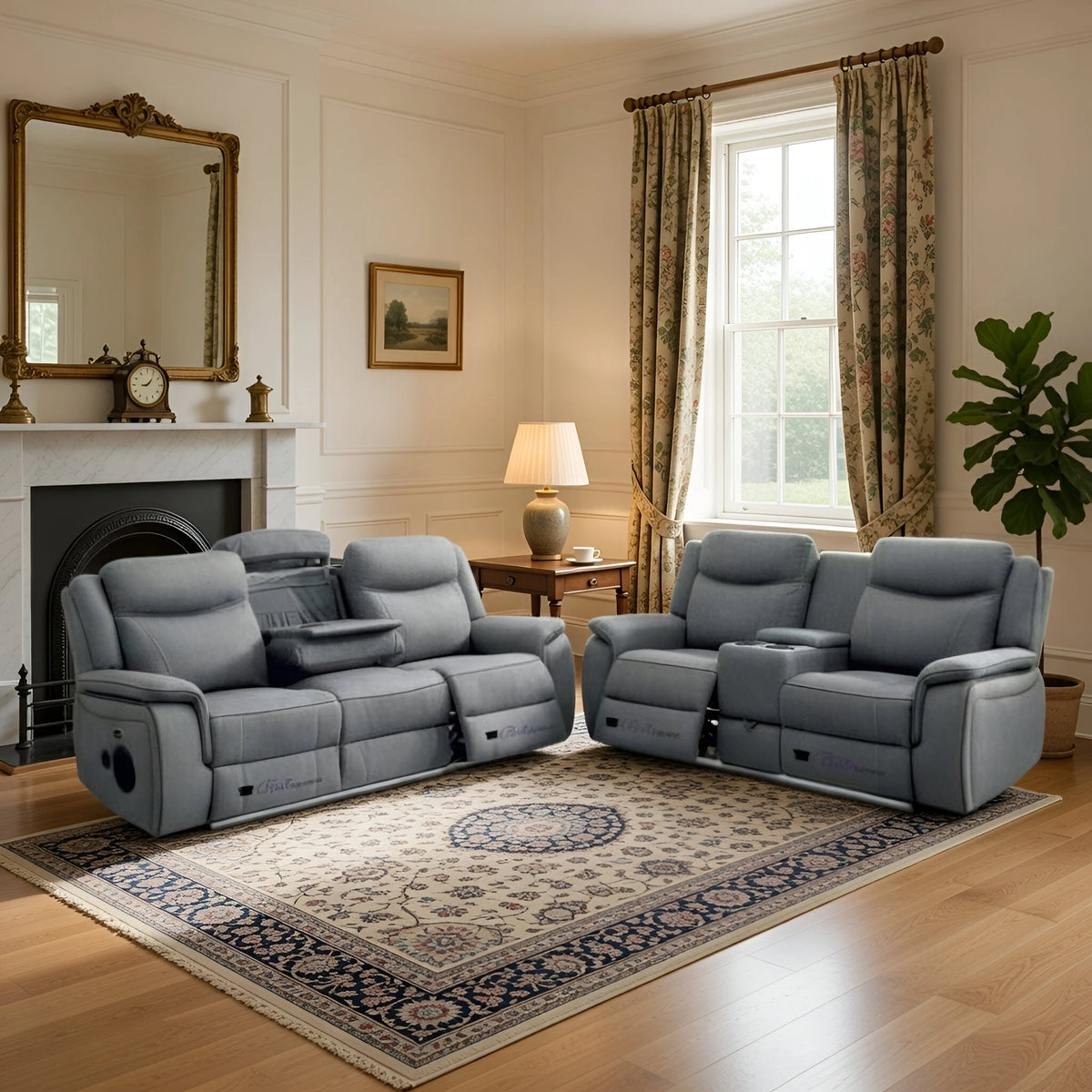 Grey fabric electric recliner 3 and 2 sofa set