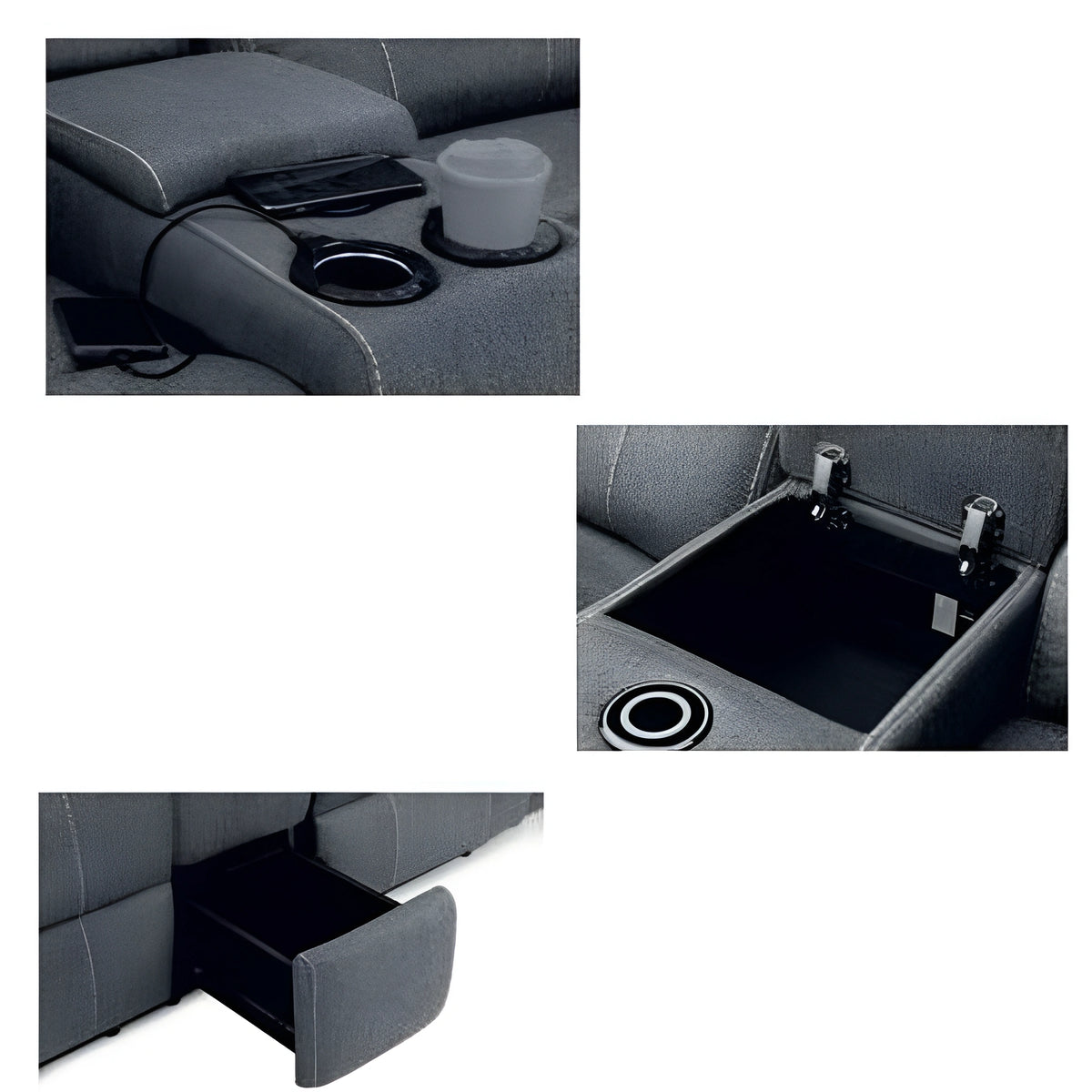 Grey fabric electric recliner sofa with cup holder, charging area and storage compartments