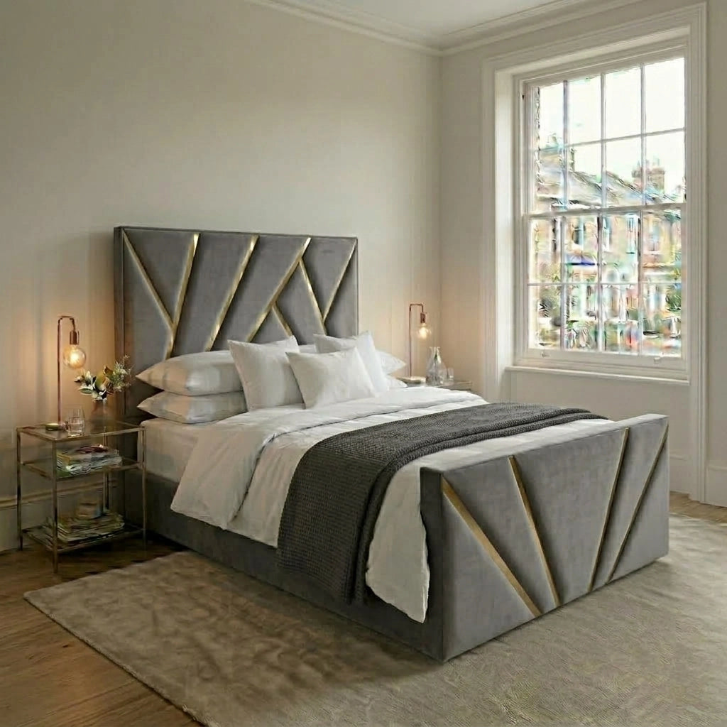Grey PRISM bed frame with fan pattern headboard and matching footboard