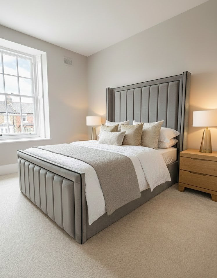 Luxury Bed Plush Fabric Divan Ottoman - 70" thick wing iris princess piping with headboard and footboard