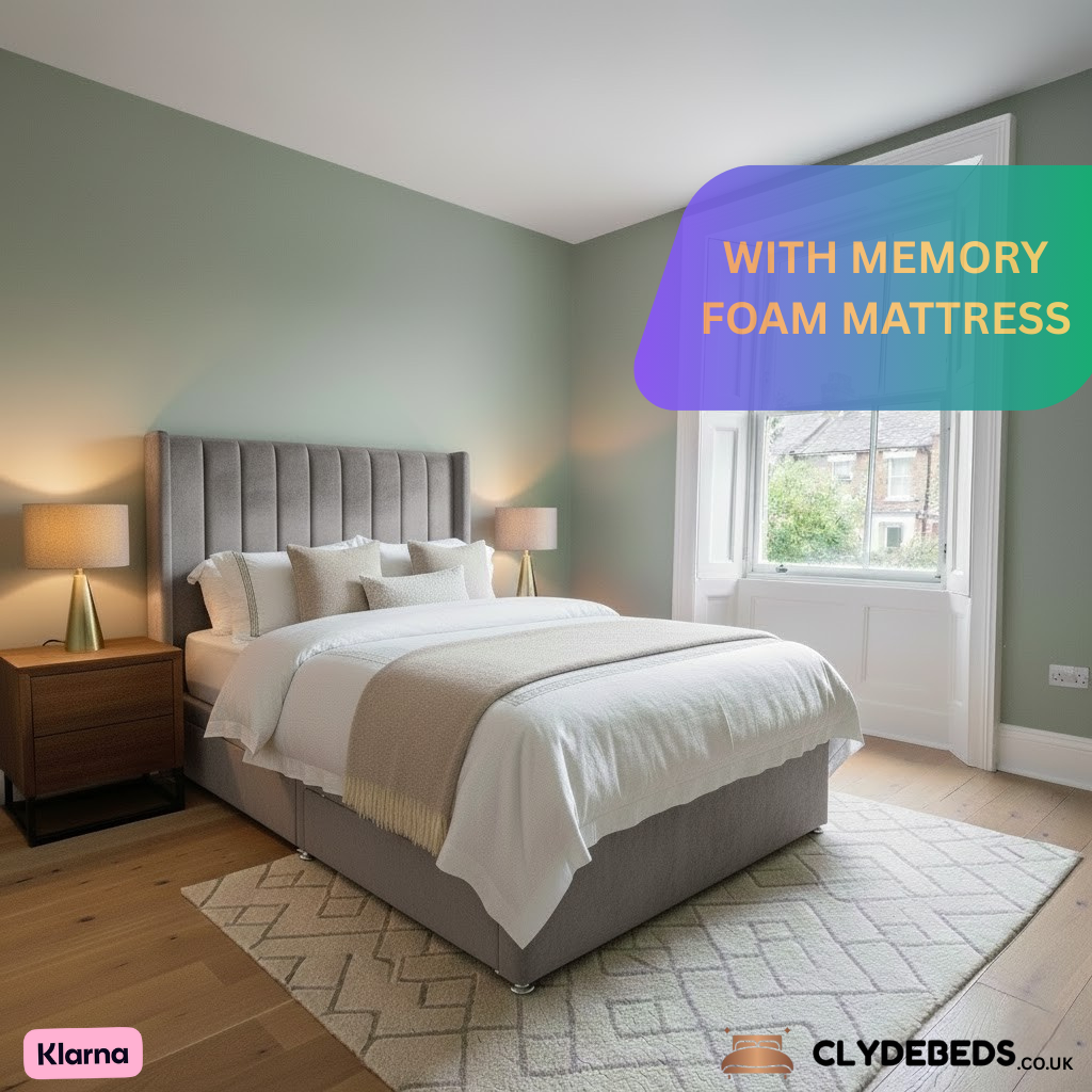 Divan Bed Alpha Wing Line with Memory Foam Mattress - 54" Luxury Winged Headboard, Premium Support & Comfort