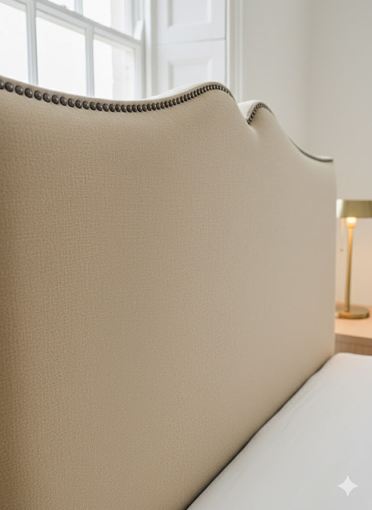 Wool fabric Double Frame bed Camel color - Curved Headboard with bidding and footboard