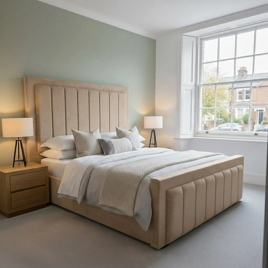 Beige Iris Bed Frame with 54-inch upholstered headboard