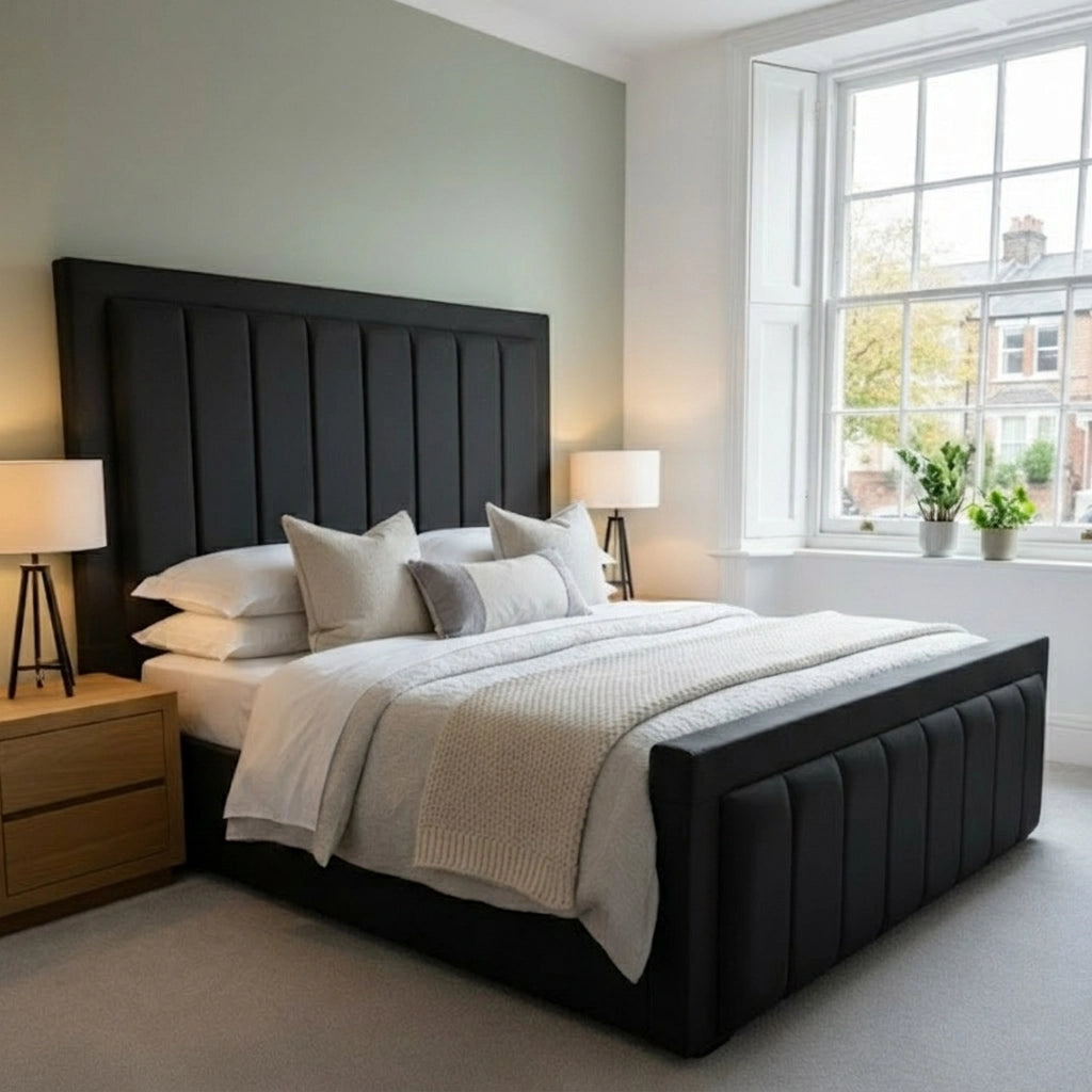 Black Iris Bed Frame with tall rectangular panelled headboard