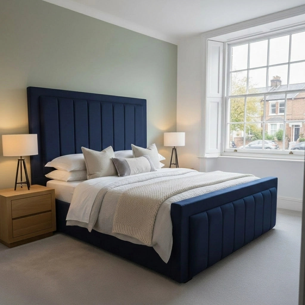 Iris Bed Frame in plush blue with 54-inch vertical panel headboard