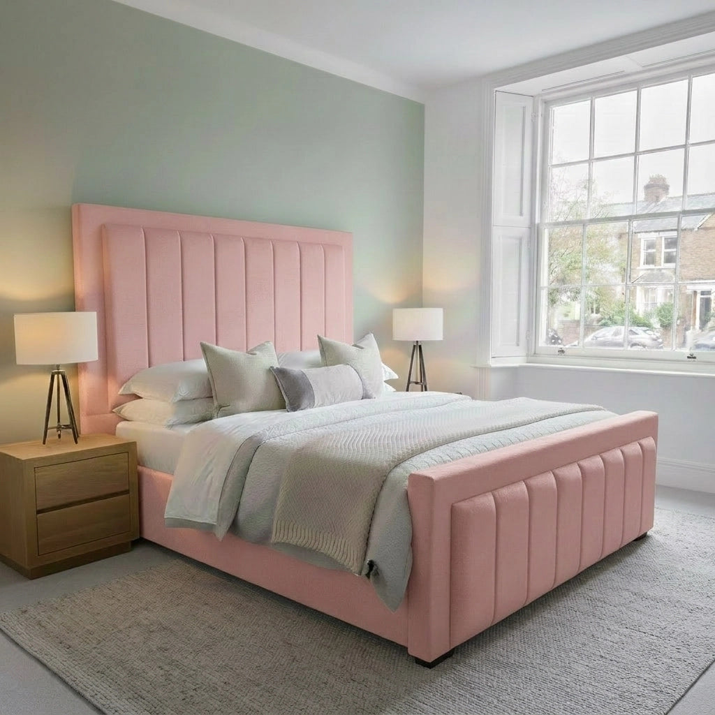 Iris Bed Frame in plush pink with tall panelled headboard