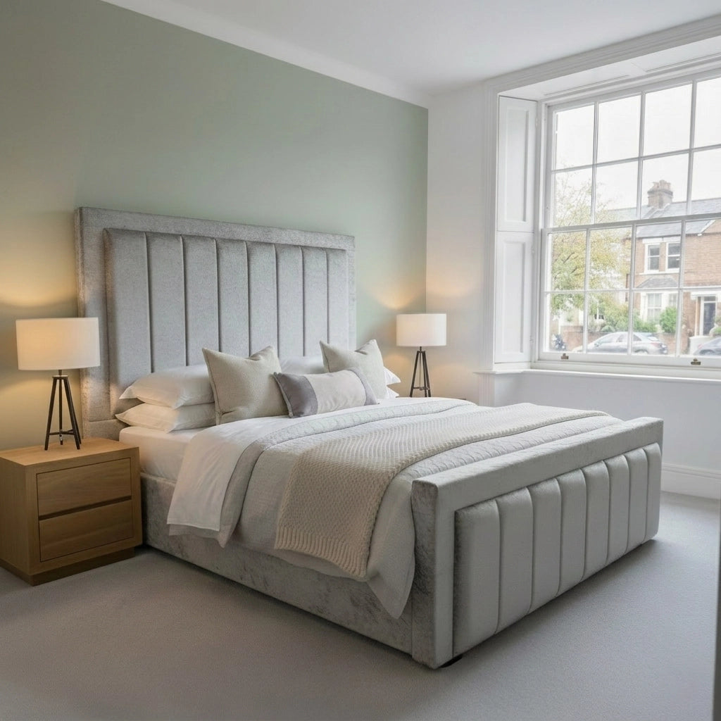 Iris upholstered bed frame in plush silver