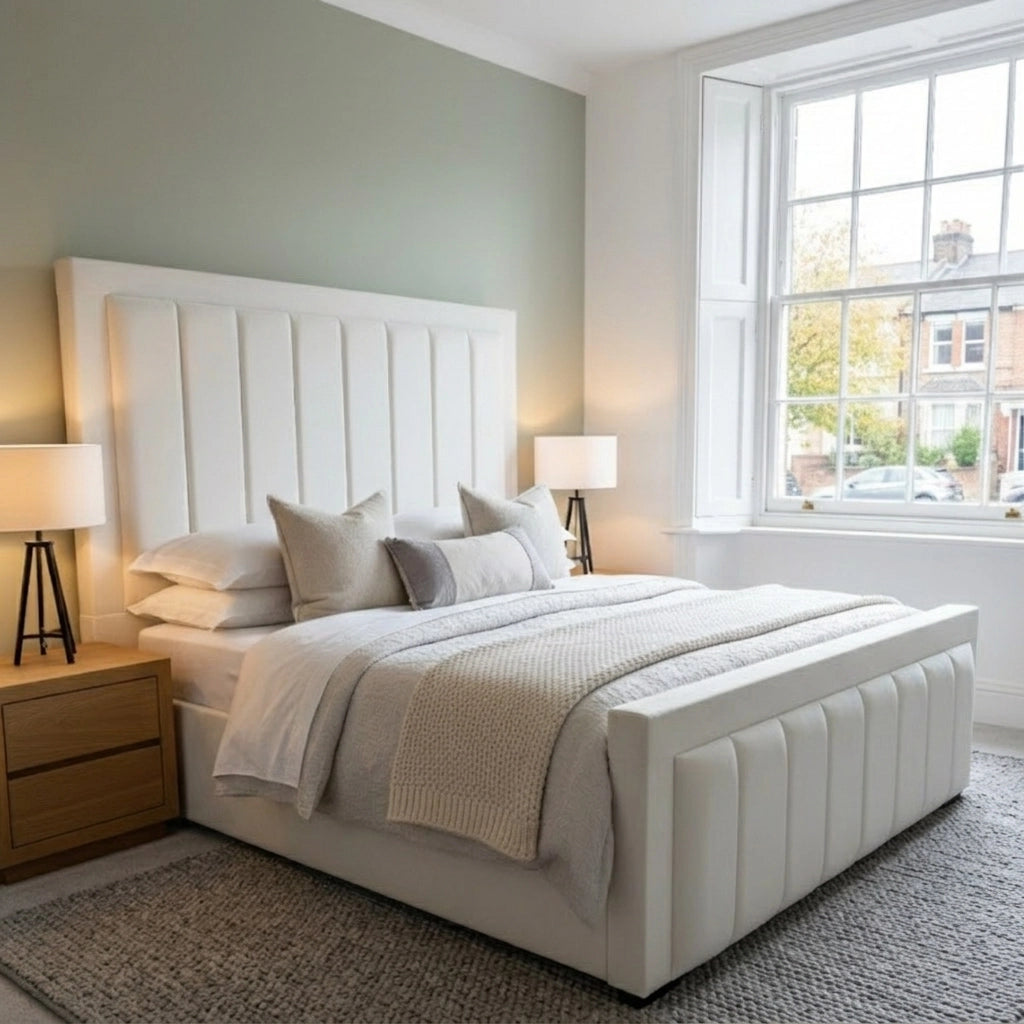 White Iris upholstered bed frame with 54-inch vertical panel headboard