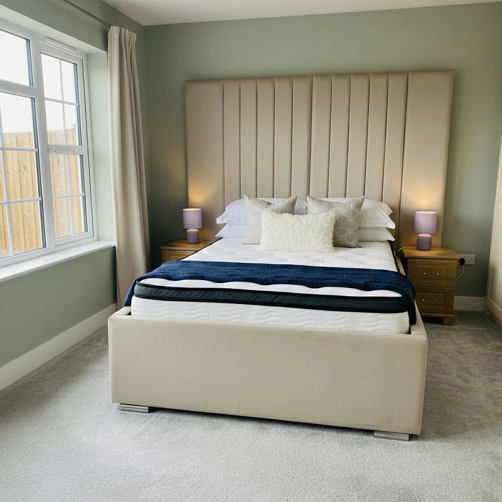 King beige plush ottoman bed