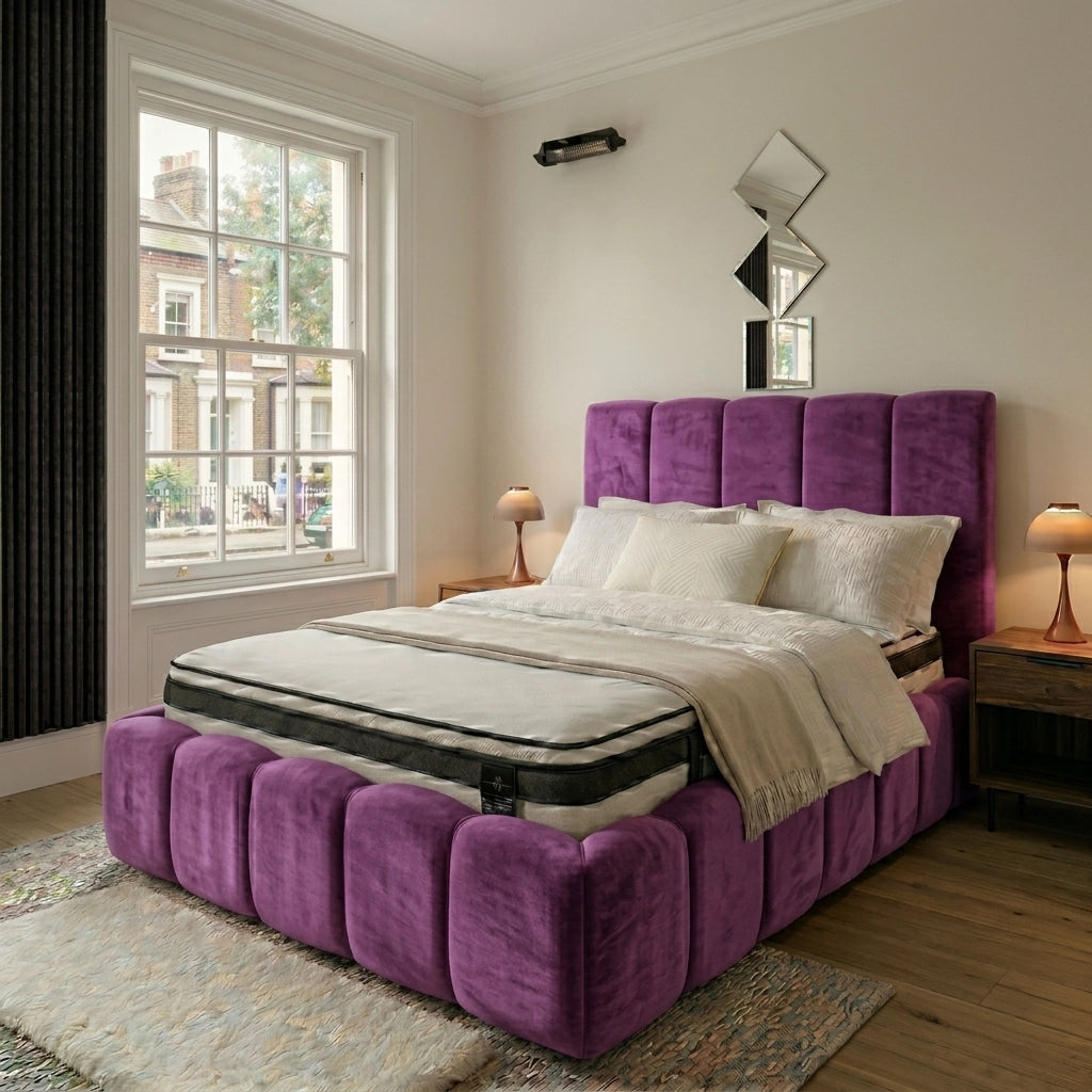 Lilac bubble bed frame with padded headboard and footboard