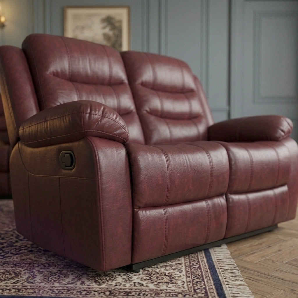 Maroon leather 2-seater manual recliner sofa