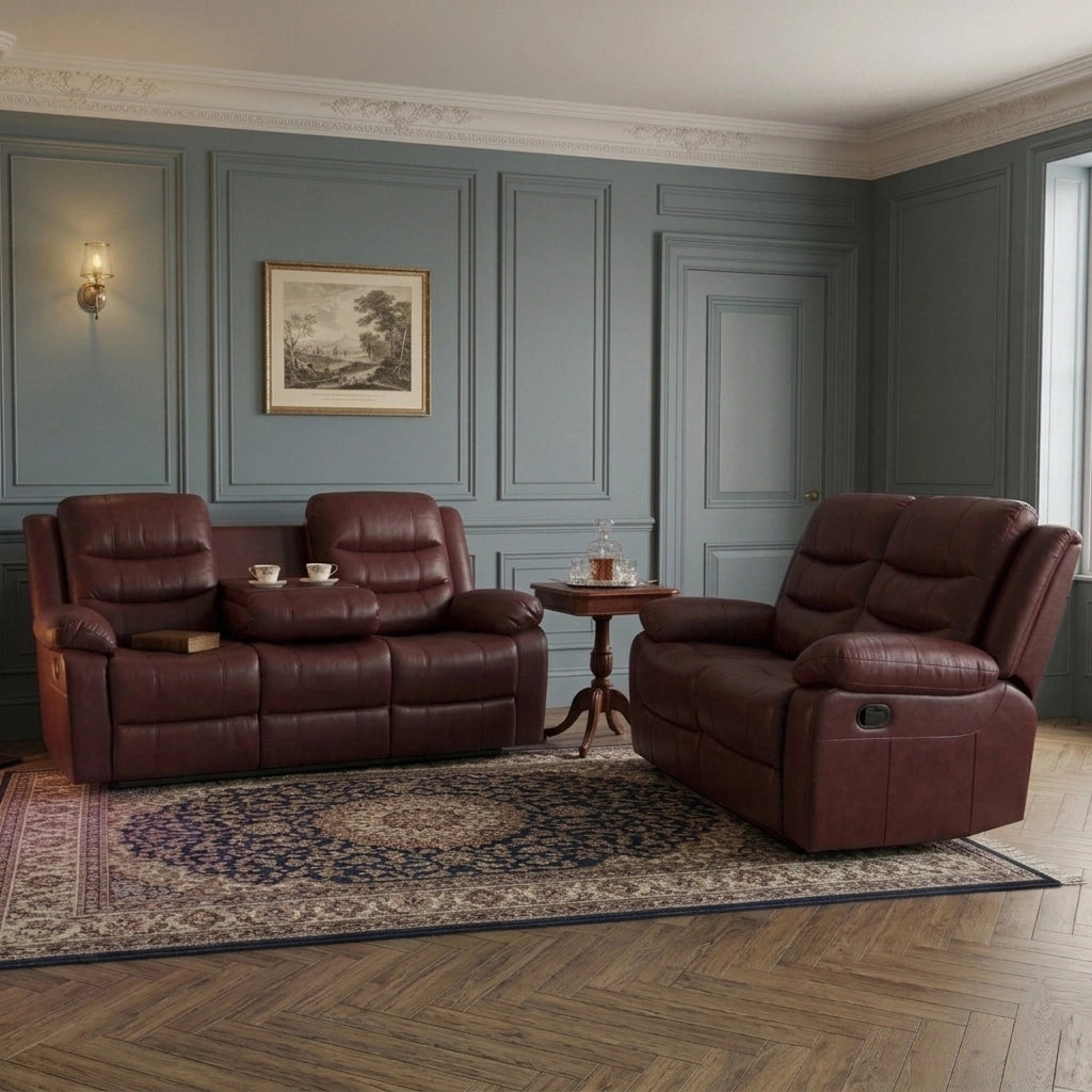 Maroon leather 3 and 2 seater manual recliner sofa set