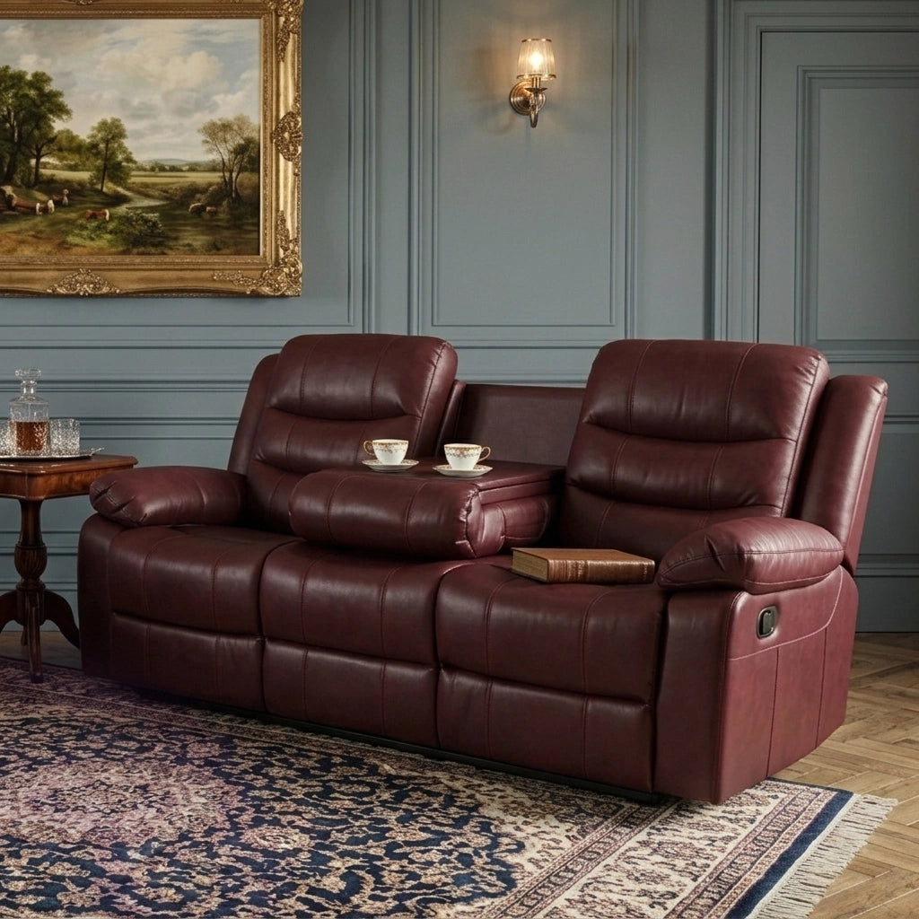 Maroon leather 3-seater manual recliner sofa