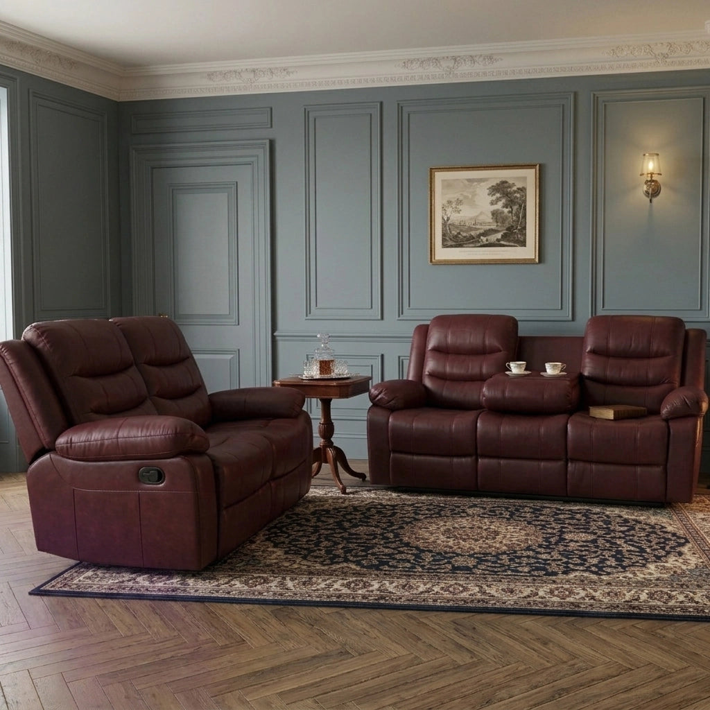 Maroon leather manual recliner 3 and 2 seater sofa set in living room