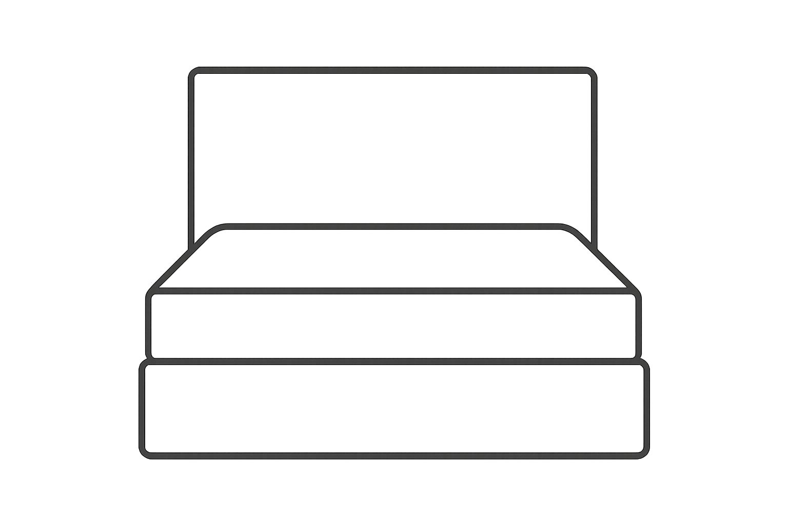 Minimalist line icon of a Divan Bed viewed from the foot of the bed, showing a tall, solid upholstered headboard. The bed features a solid, integrated base with no visible legs. Clean, very thin black lines, transparent background, 512x512 pixels, vector style, no shadows, no details, flat 2D illustration, side elevation view.