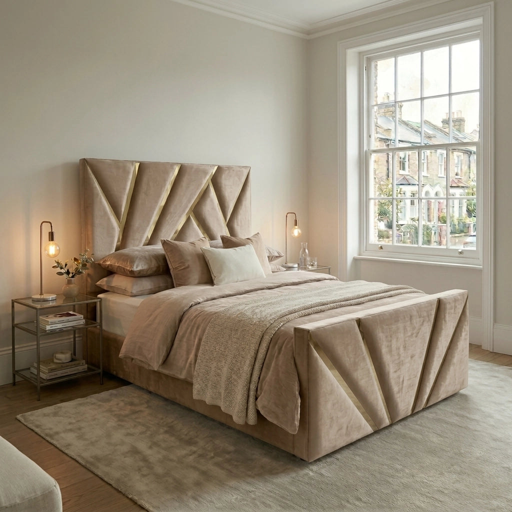Mink PRISM bed frame with gold strip fan pattern headboard and footboard