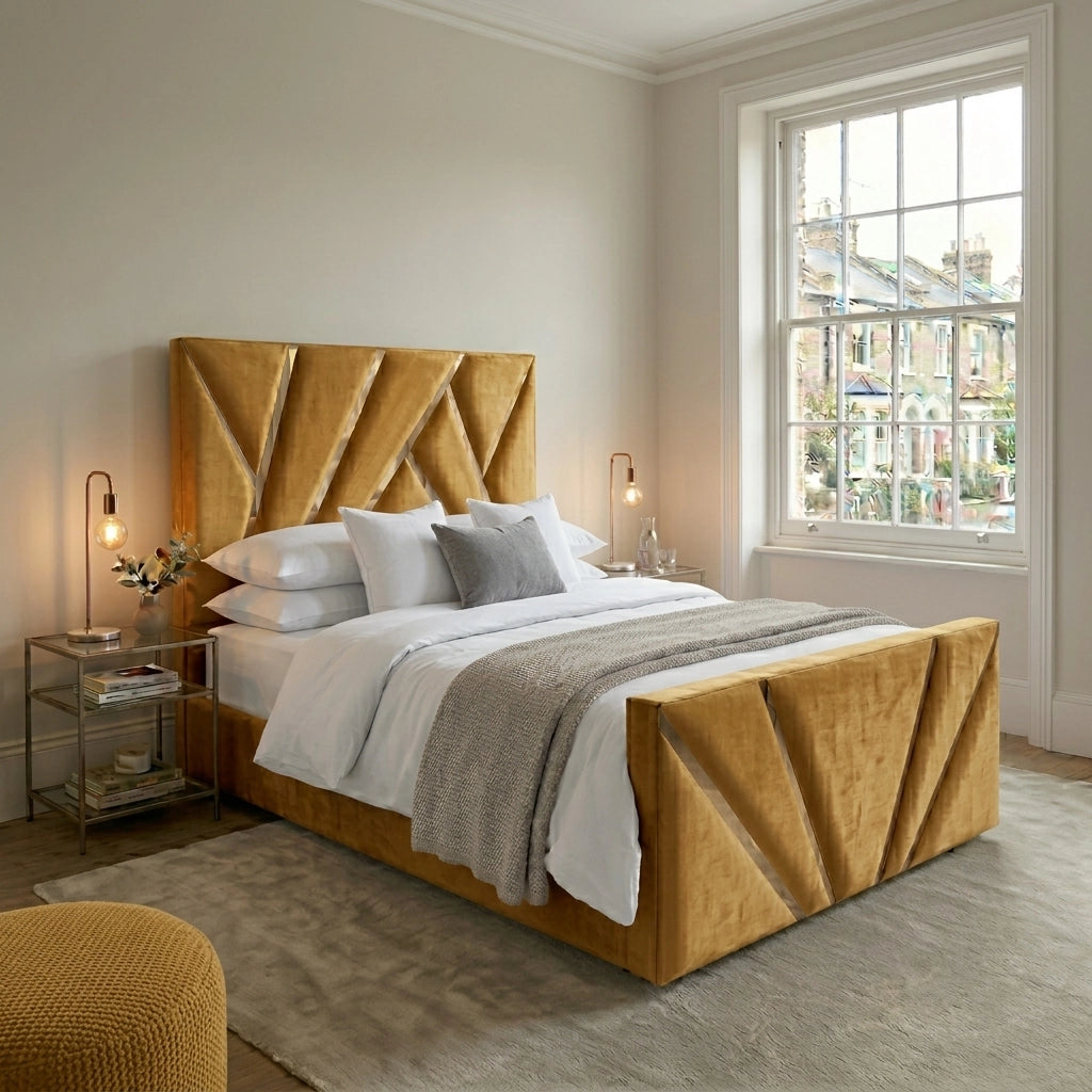 Mustard PRISM bed frame with fan pattern headboard and footboard