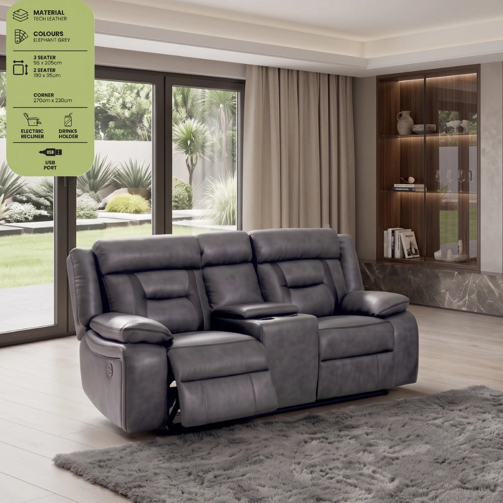 Nova Tech Leather Electric Recliner 2 Seater Sofa in Elephant Grey