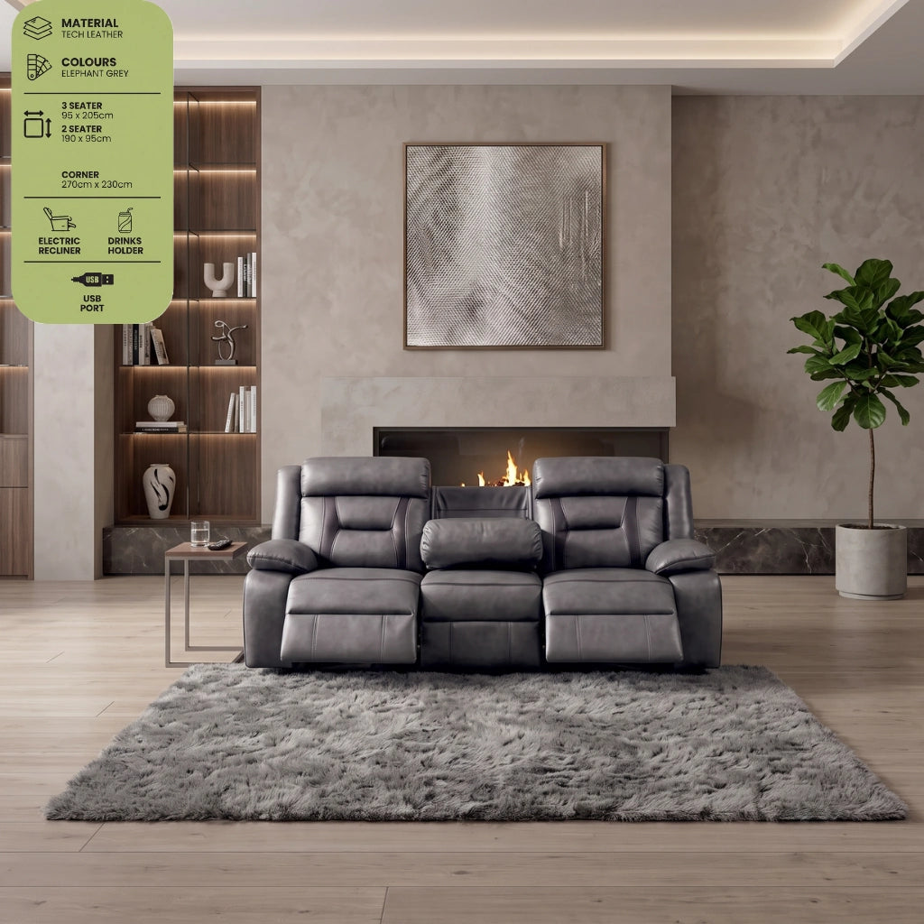 Nova Tech Leather Electric Recliner 3 Seater Sofa in Elephant Grey