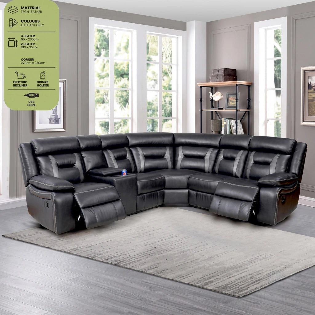 Nova Tech Leather Electric Recliner Corner Sofa in Elephant Grey