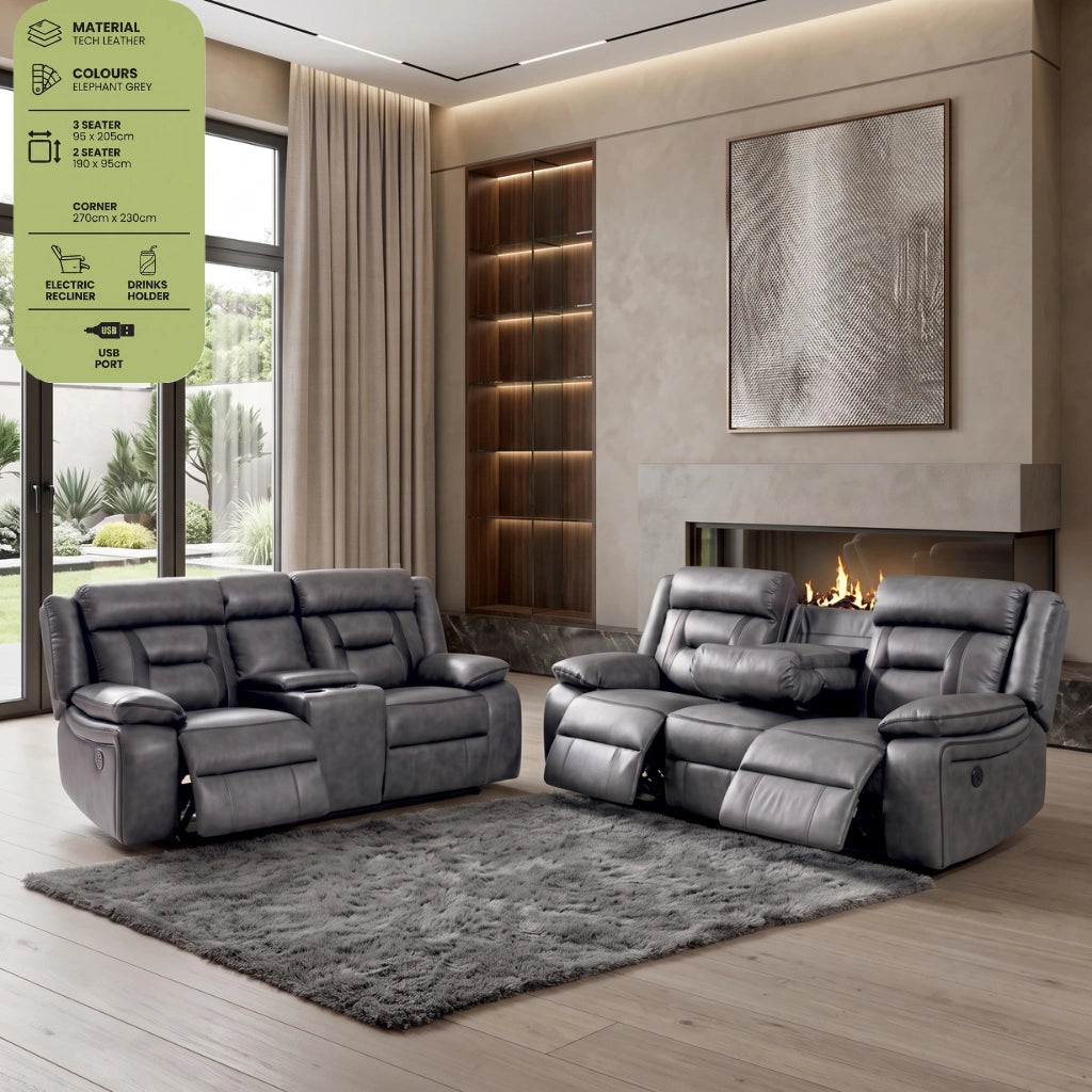 Nova Tech Leather Electric Recliner Sofa 3 & 2 Set in Elephant Grey